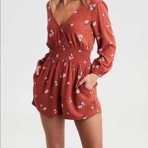 AMERICAN EAGLE Rust Floral Romantic Flowy Romper With Pockets